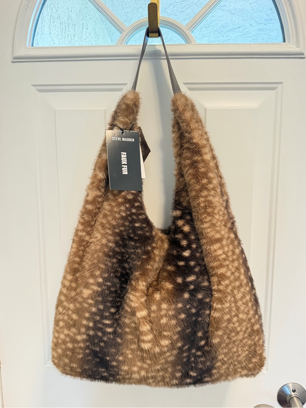 Steve Madden Brown Faux Fur Deer Spotted Hobo Bag with Makeup Bag Purse